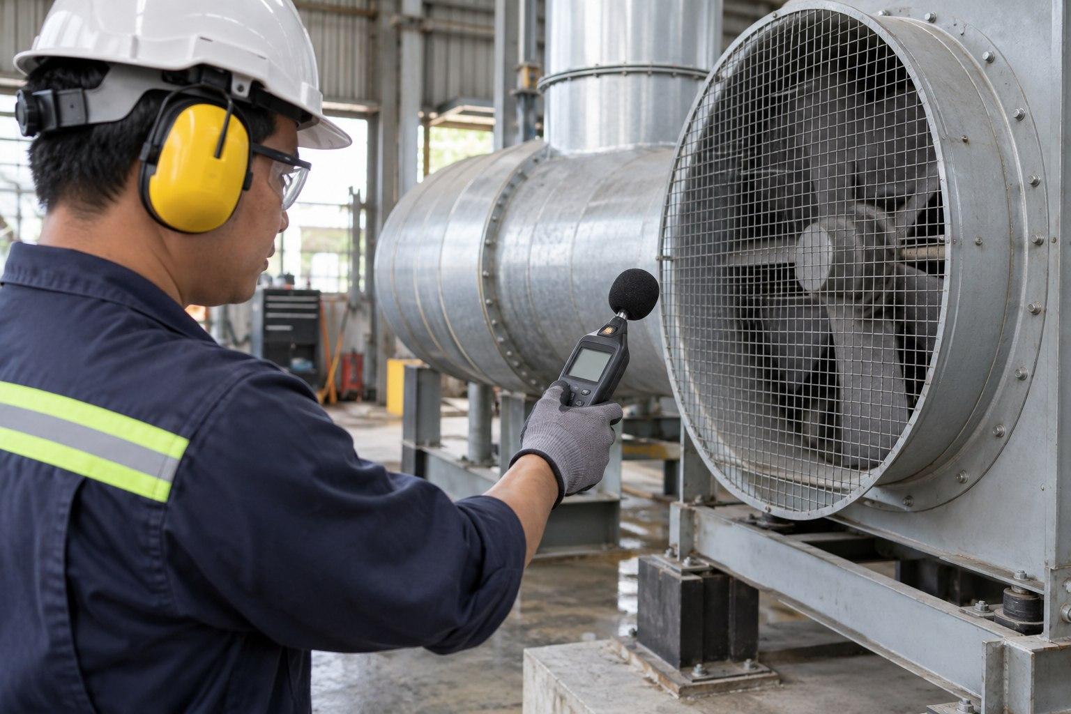 Đo tiếng ồn gần thiết bị thông gió trong nhà máy