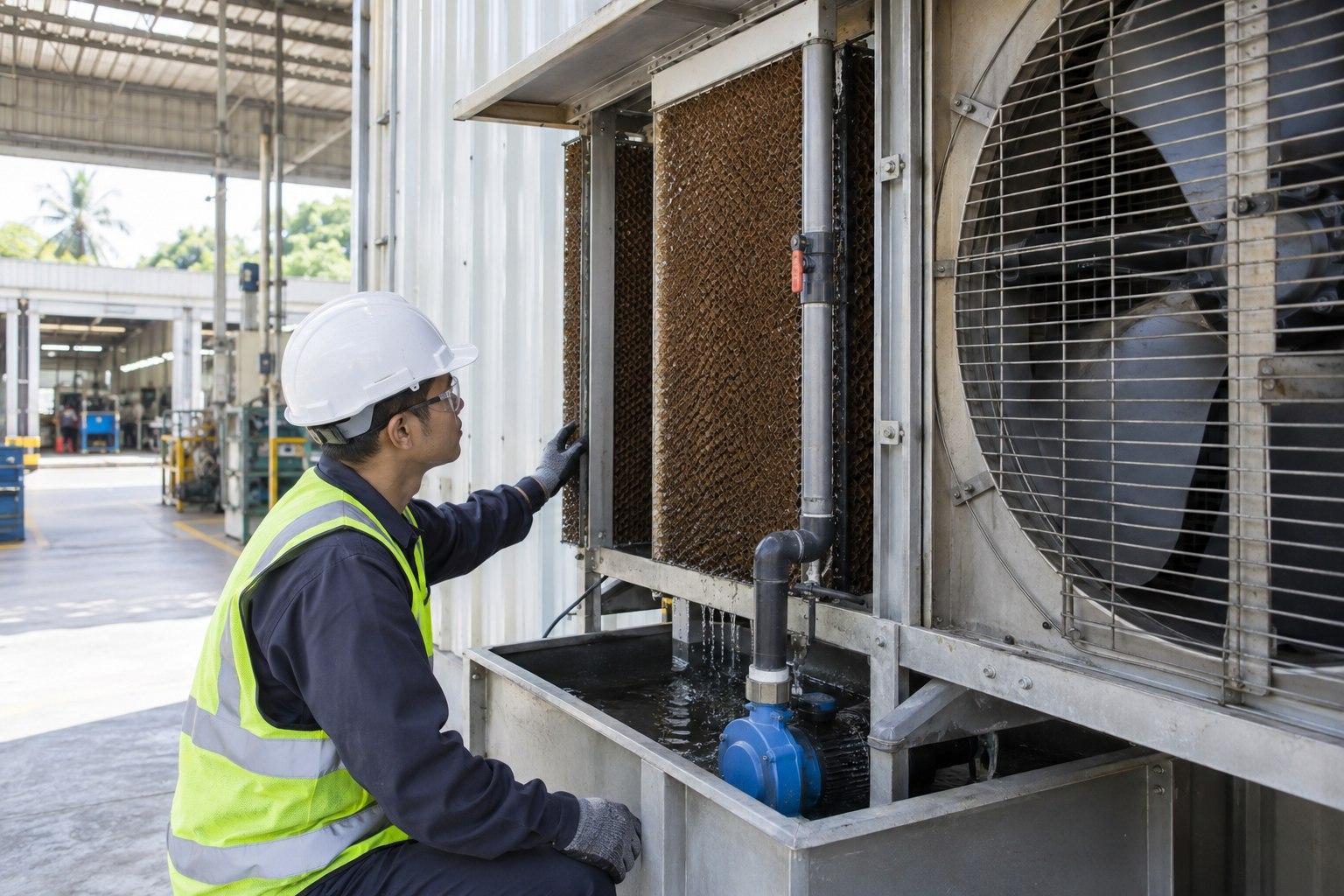 Kỹ thuật viên kiểm tra tấm làm mát và quạt công nghiệp